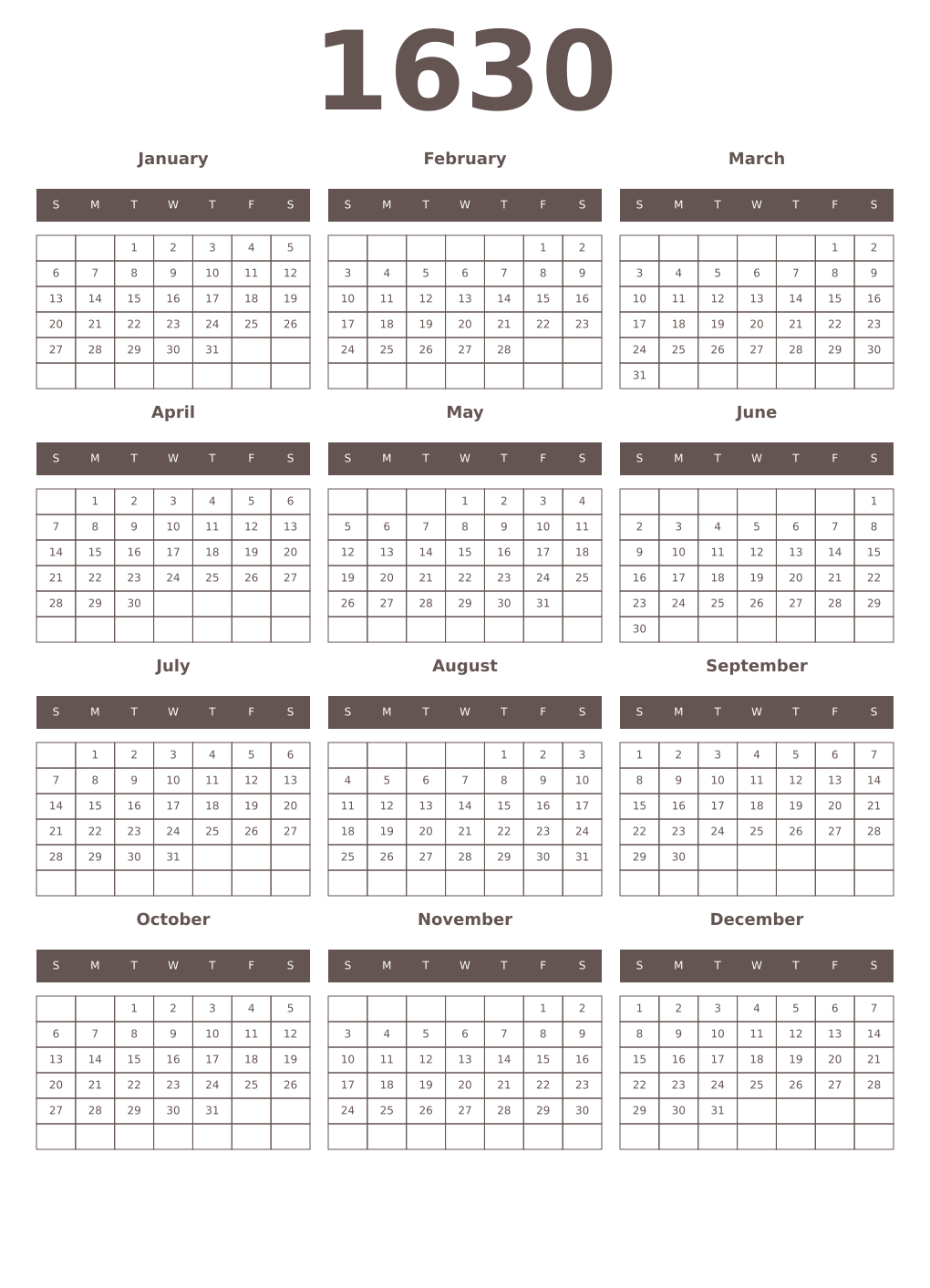 Printable 1630 Year Calendars wenge