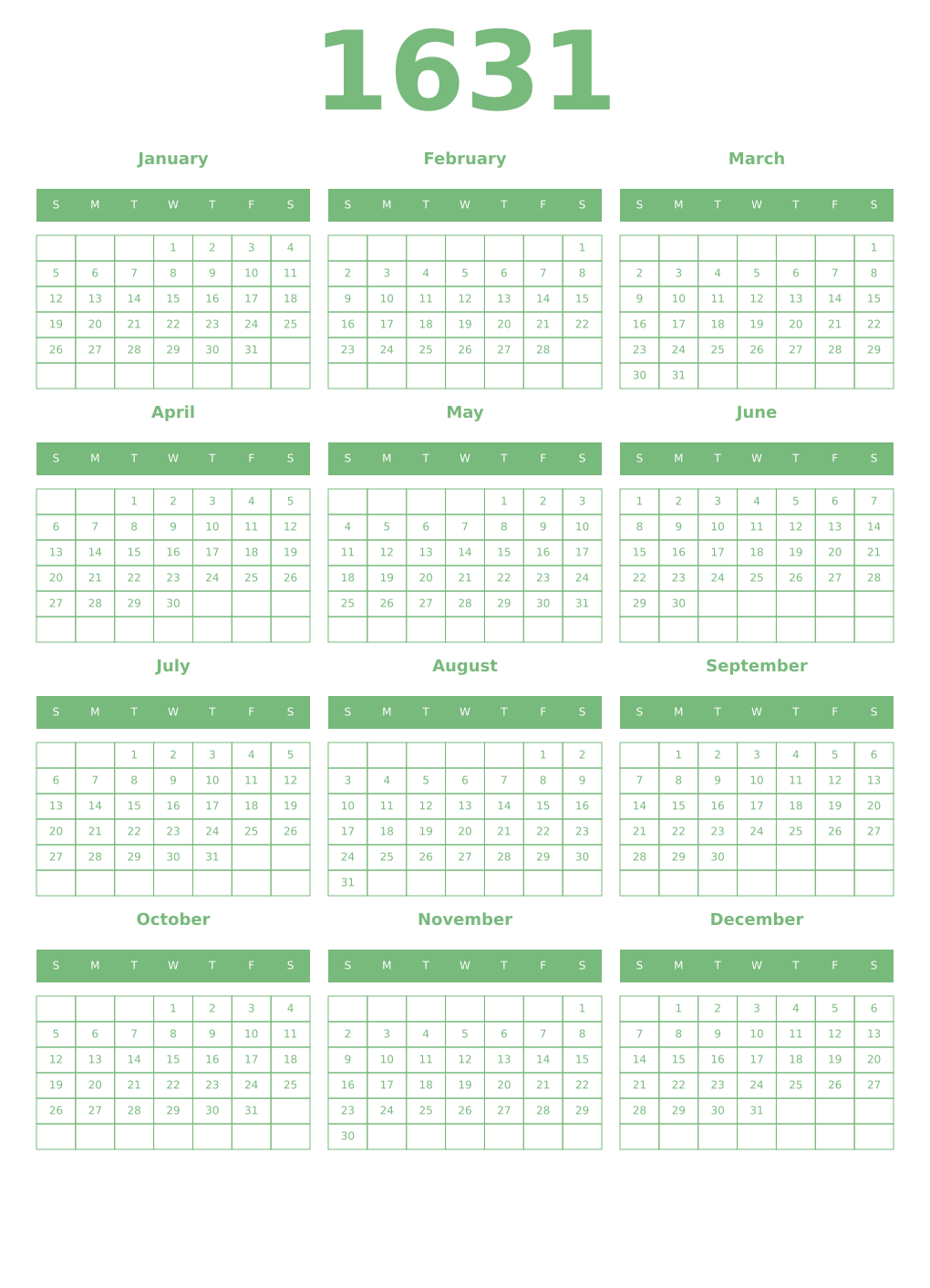Printable 1631 Year Calendars celadon