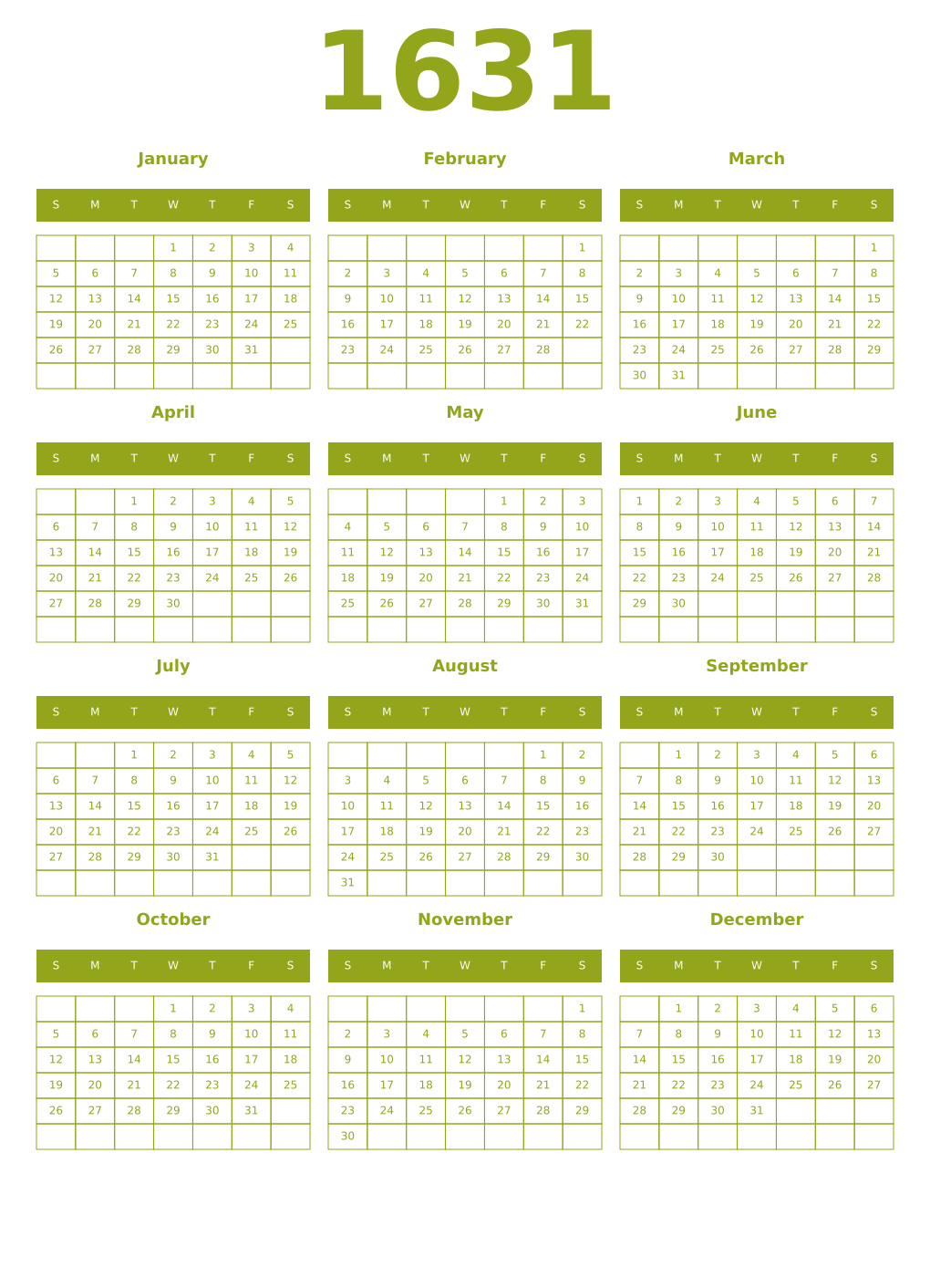 Printable 1631 Year Calendars chartreuse