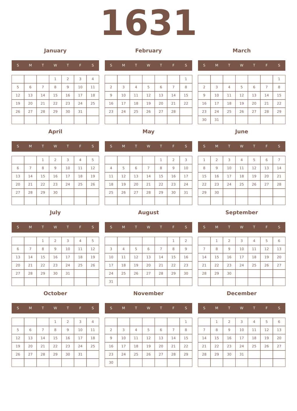 Printable 1631 Year Calendars coffe