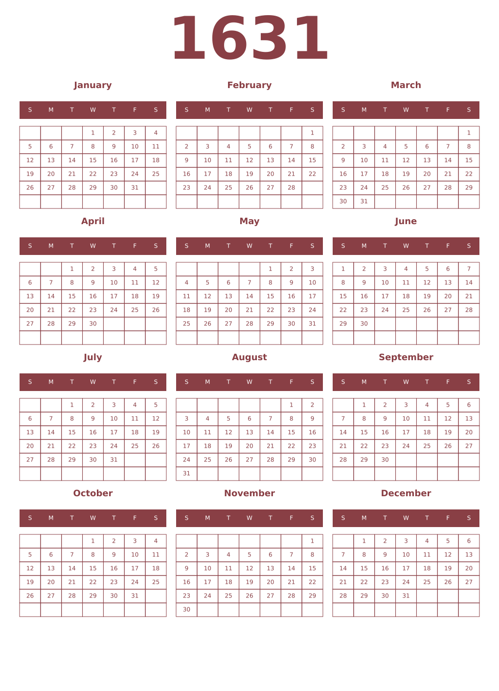 Printable 1631 Year Calendars cordovan