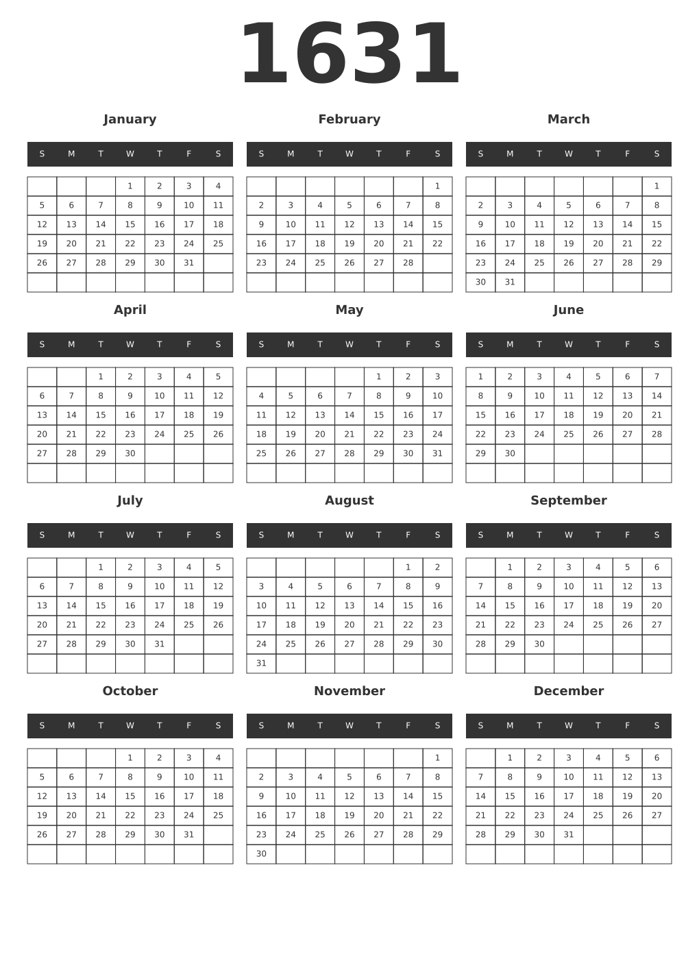 Printable 1631 Year Calendars dark
