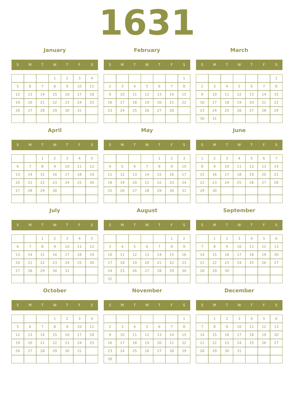 Printable 1631 Year Calendars eburnean