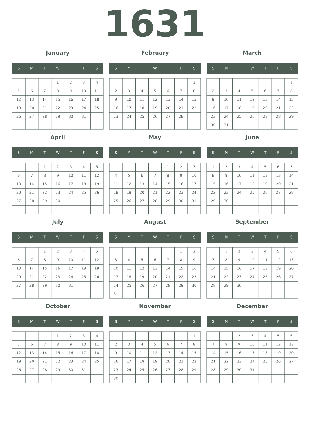 Printable 1631 Year Calendars feldgrau