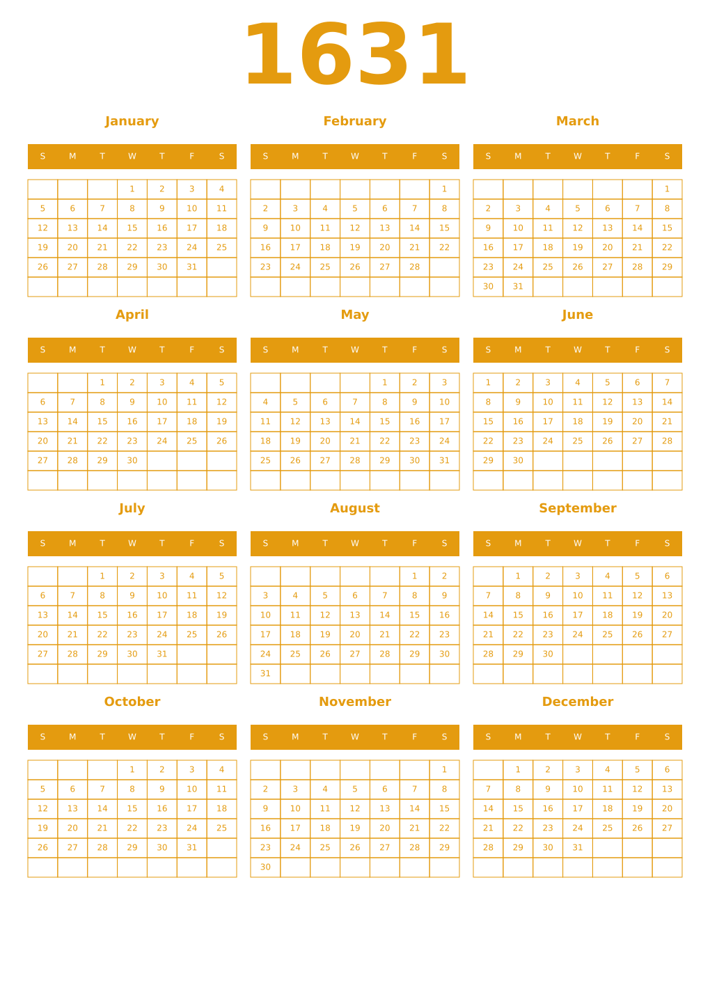 Printable 1631 Year Calendars gamboge