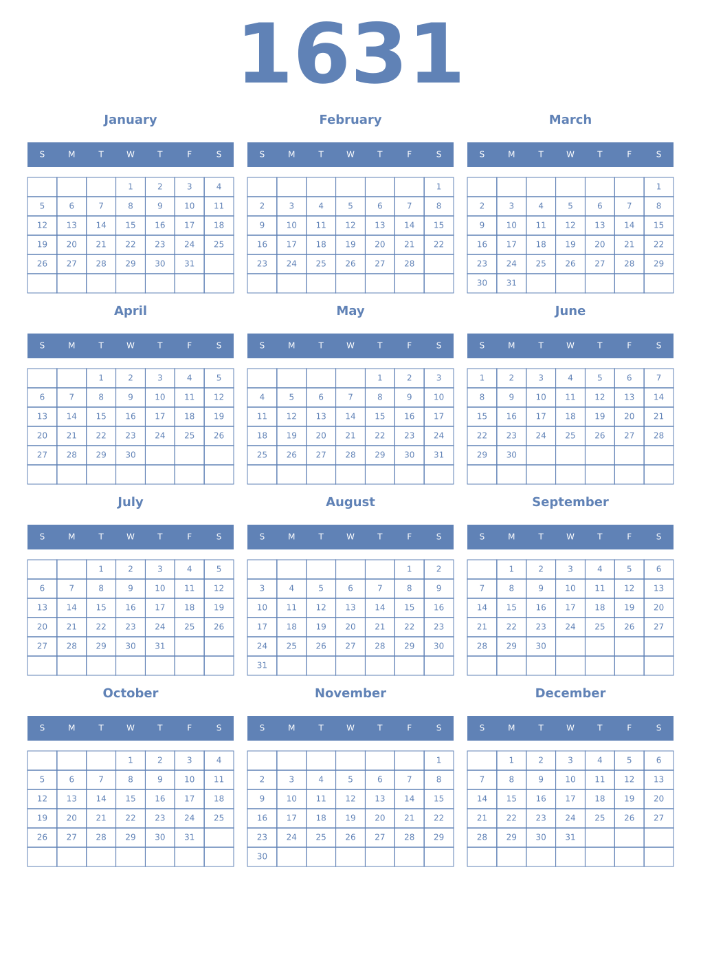 Printable 1631 Year Calendars glaucous