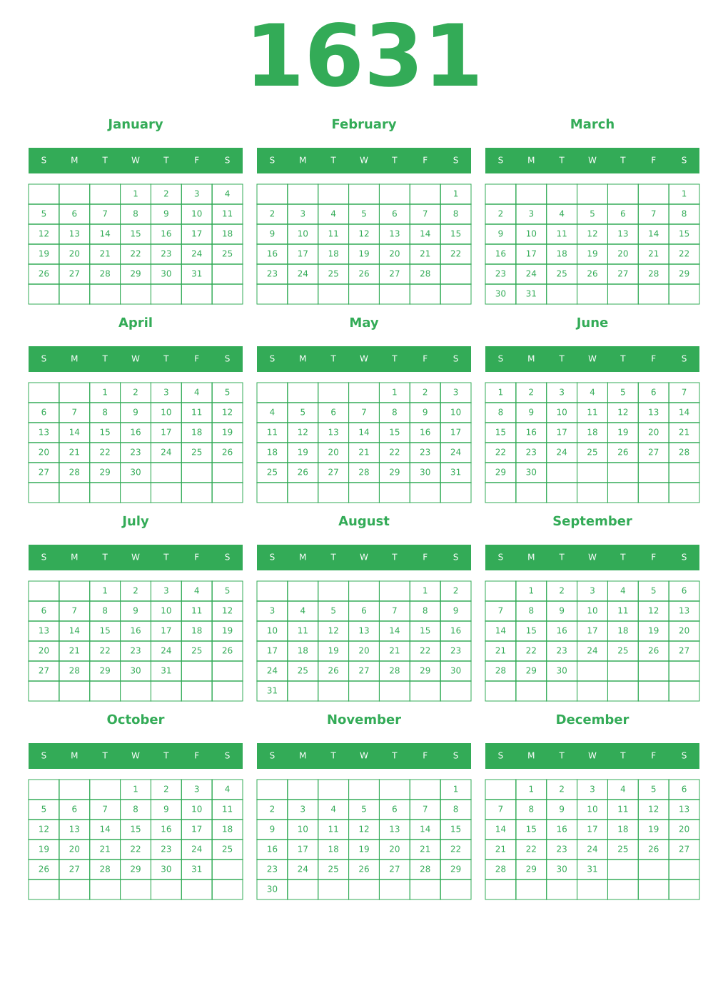 Printable 1631 Year Calendars green