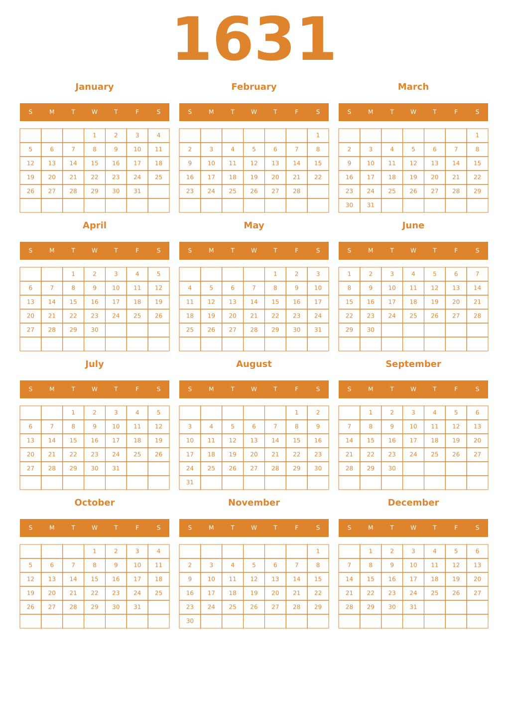 Printable 1631 Year Calendars orange