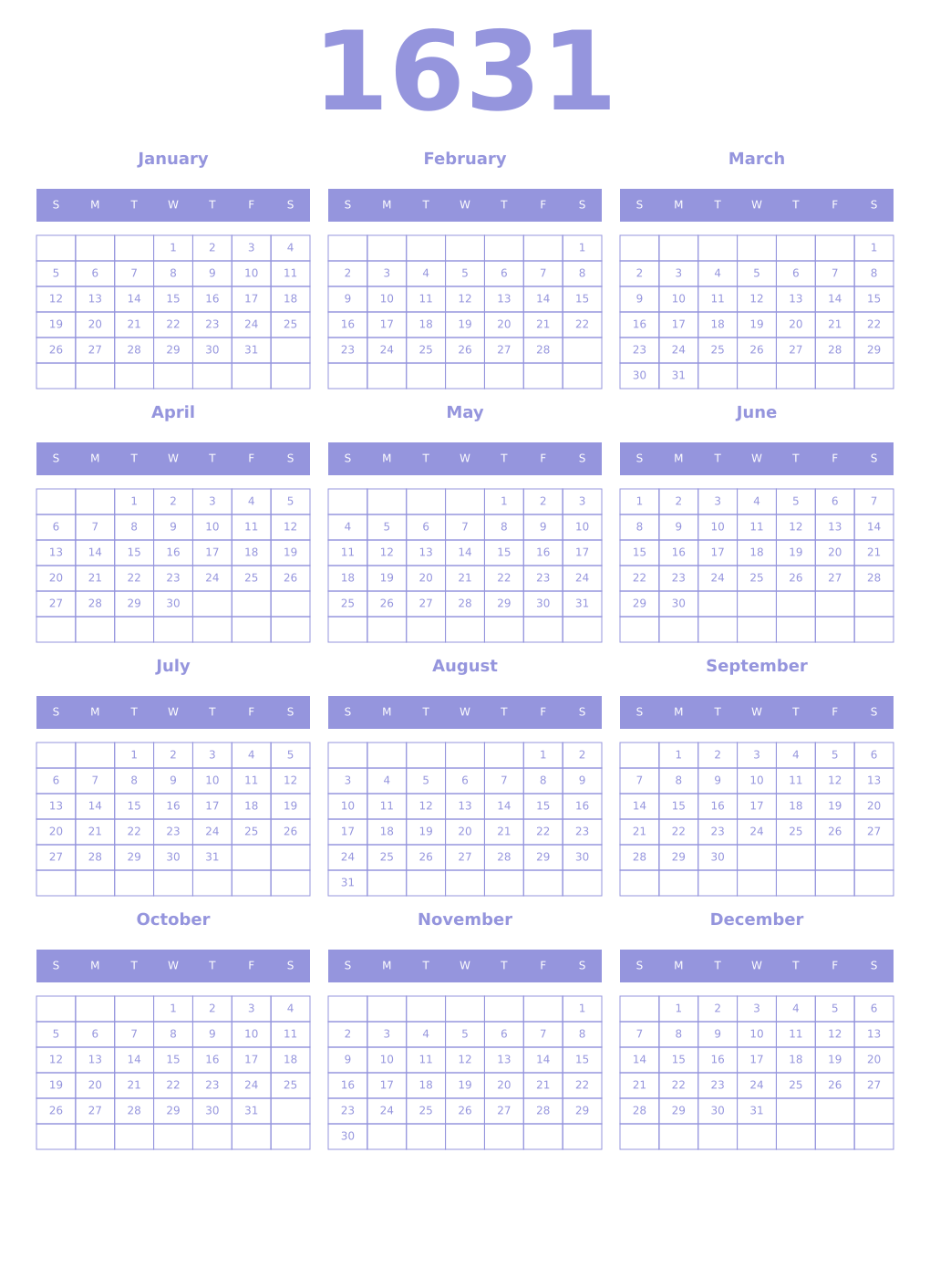 Printable 1631 Year Calendars periwinkle