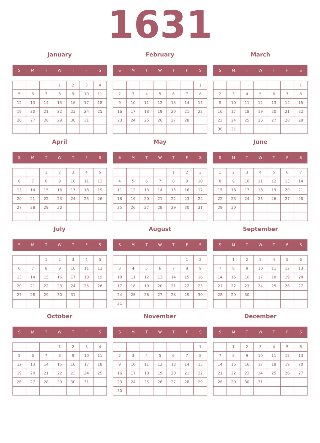 Printable 1631 Year Calendars puce