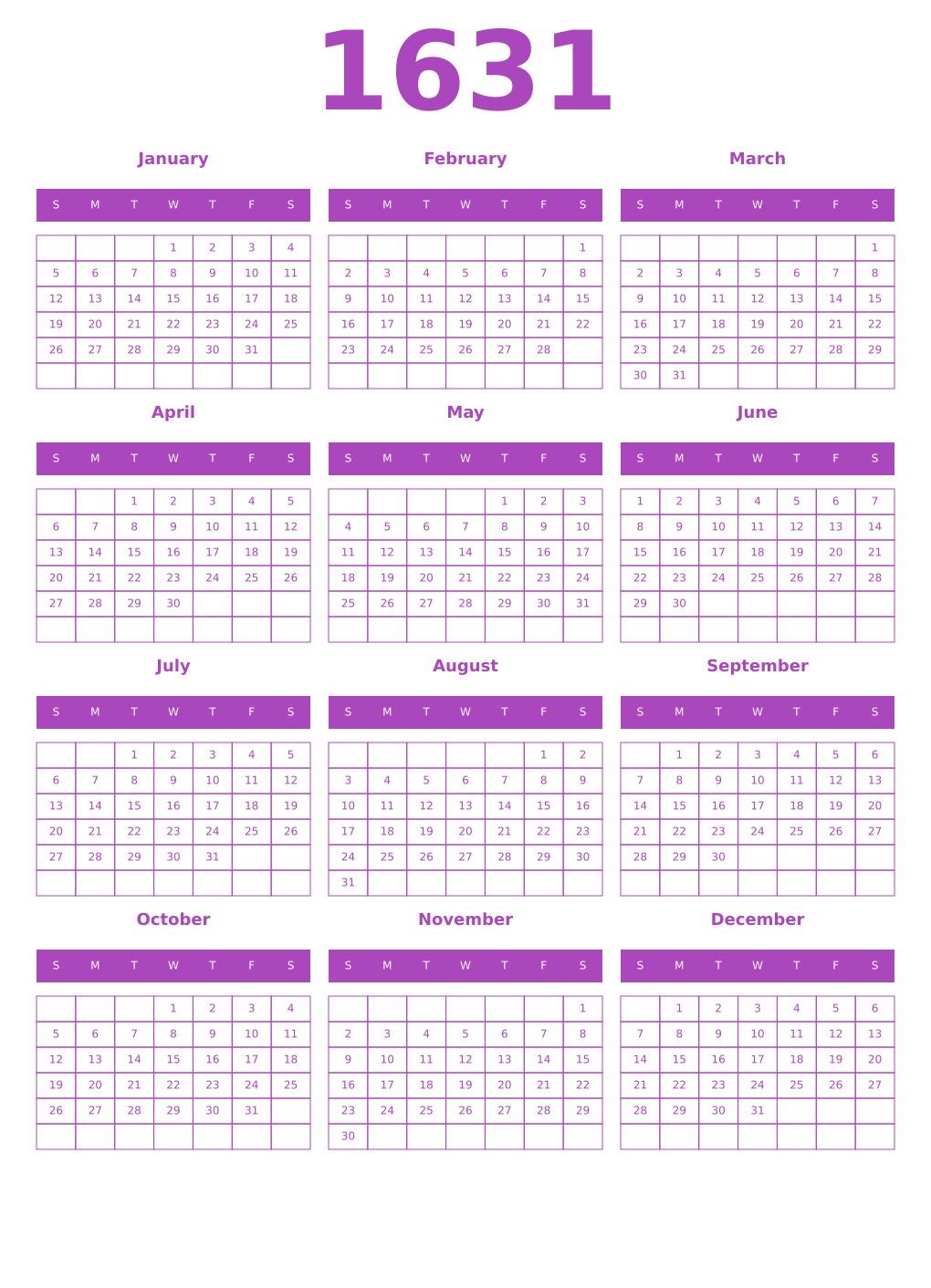 Printable 1631 Year Calendars purple