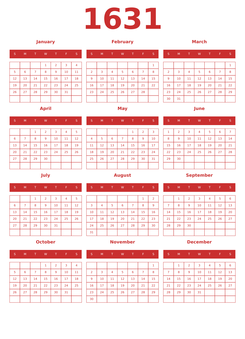 Printable 1631 Year Calendars red