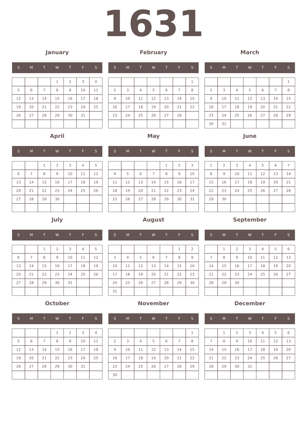 Printable 1631 Year Calendars wenge