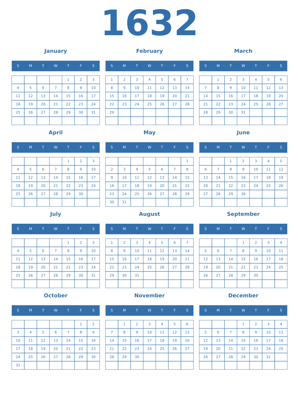 Printable 1632 Year Calendars blue