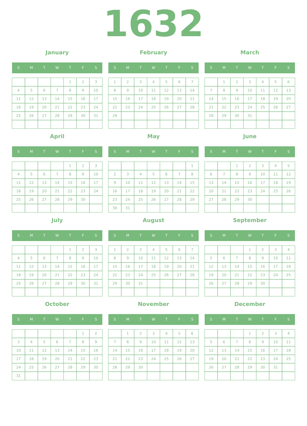 Printable 1632 Year Calendars celadon