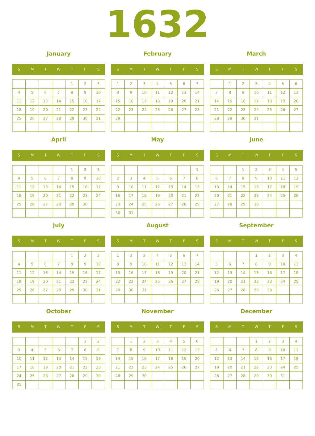 Printable 1632 Year Calendars chartreuse
