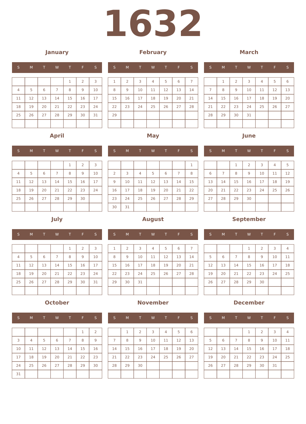 Printable 1632 Year Calendars coffe