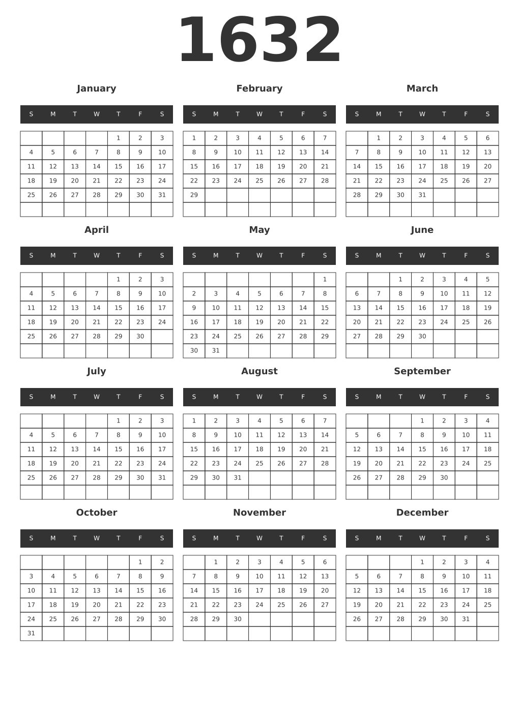 Printable 1632 Year Calendars dark