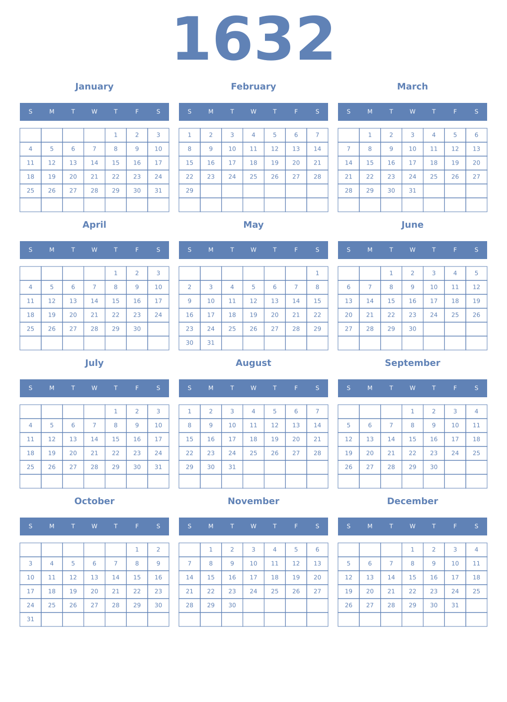 Printable 1632 Year Calendars glaucous