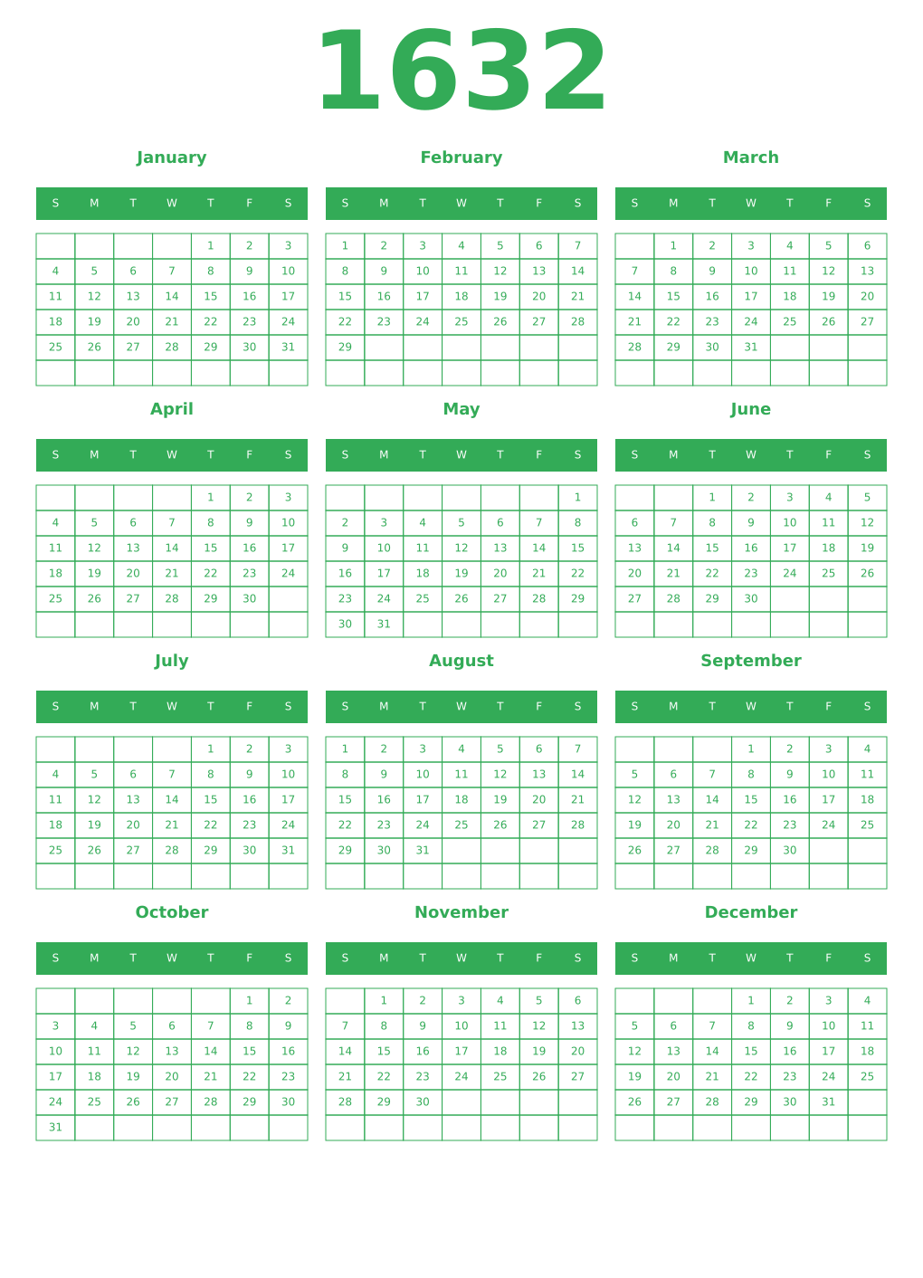 Printable 1632 Year Calendars green