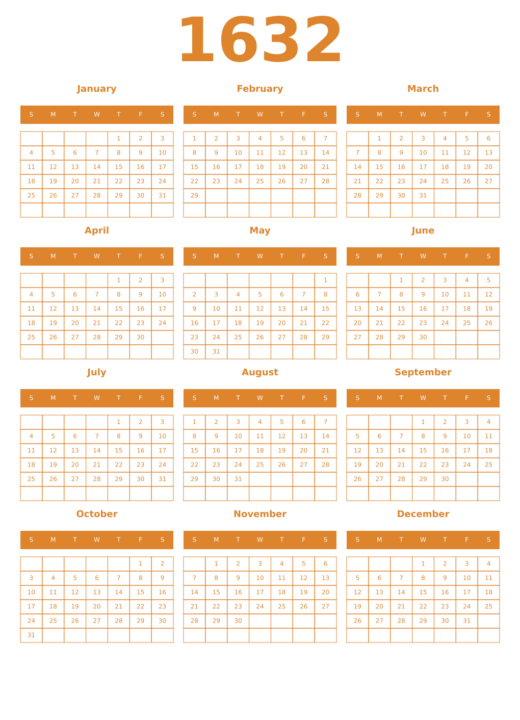 Printable 1632 Year Calendars orange