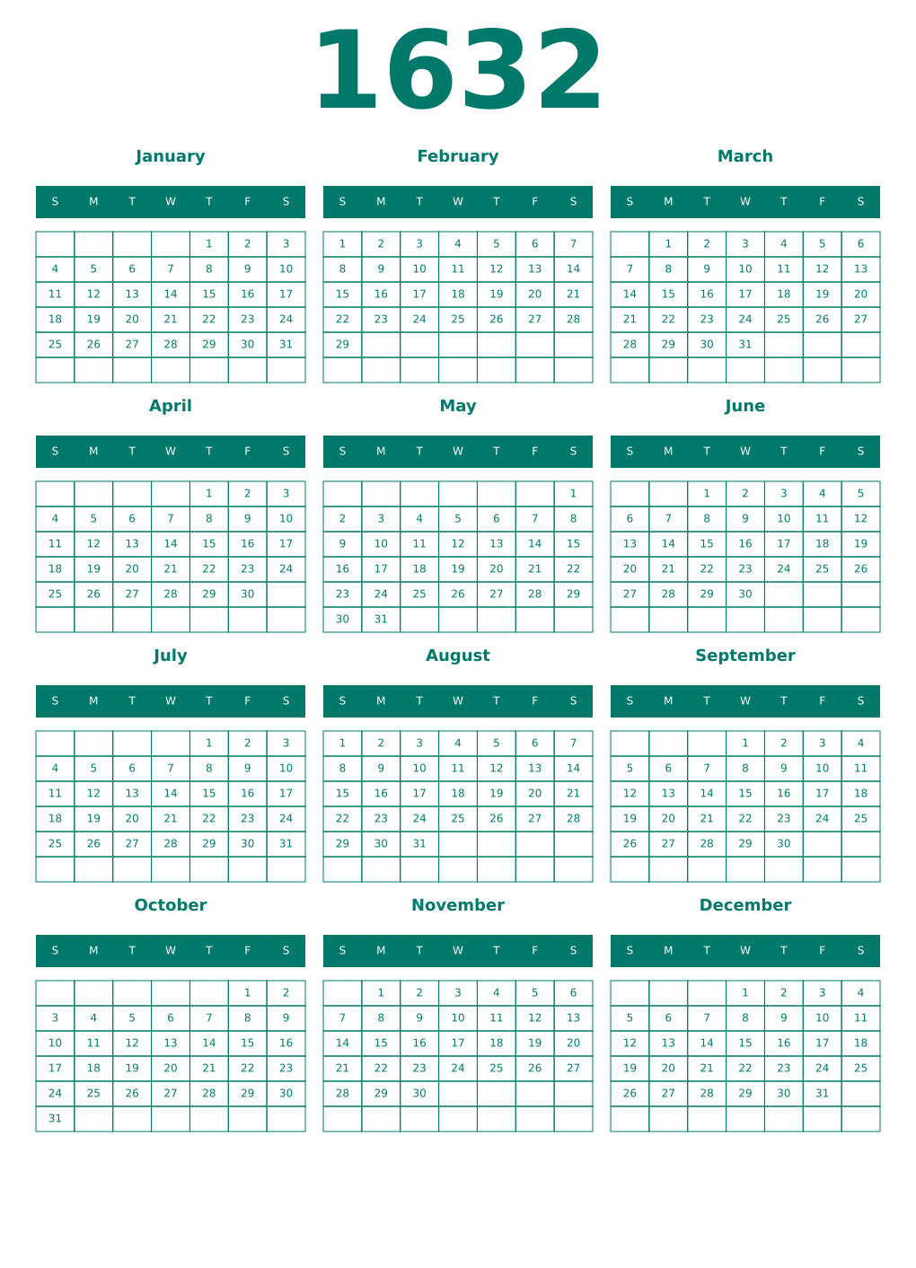 Printable 1632 Year Calendars pastel