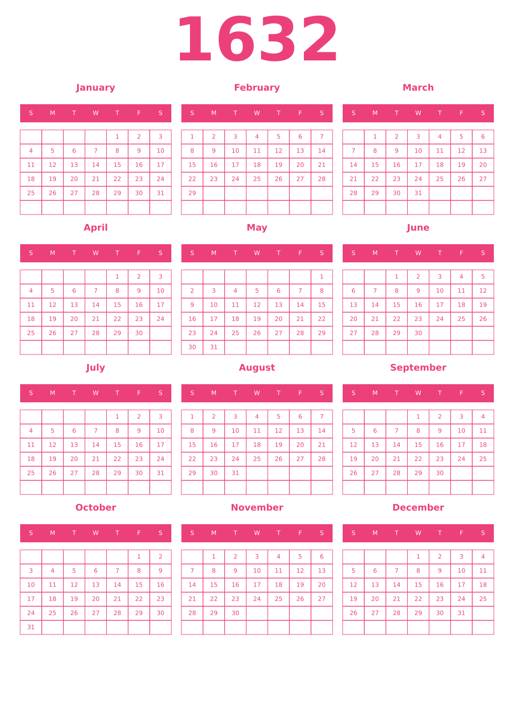 Printable 1632 Year Calendars pink