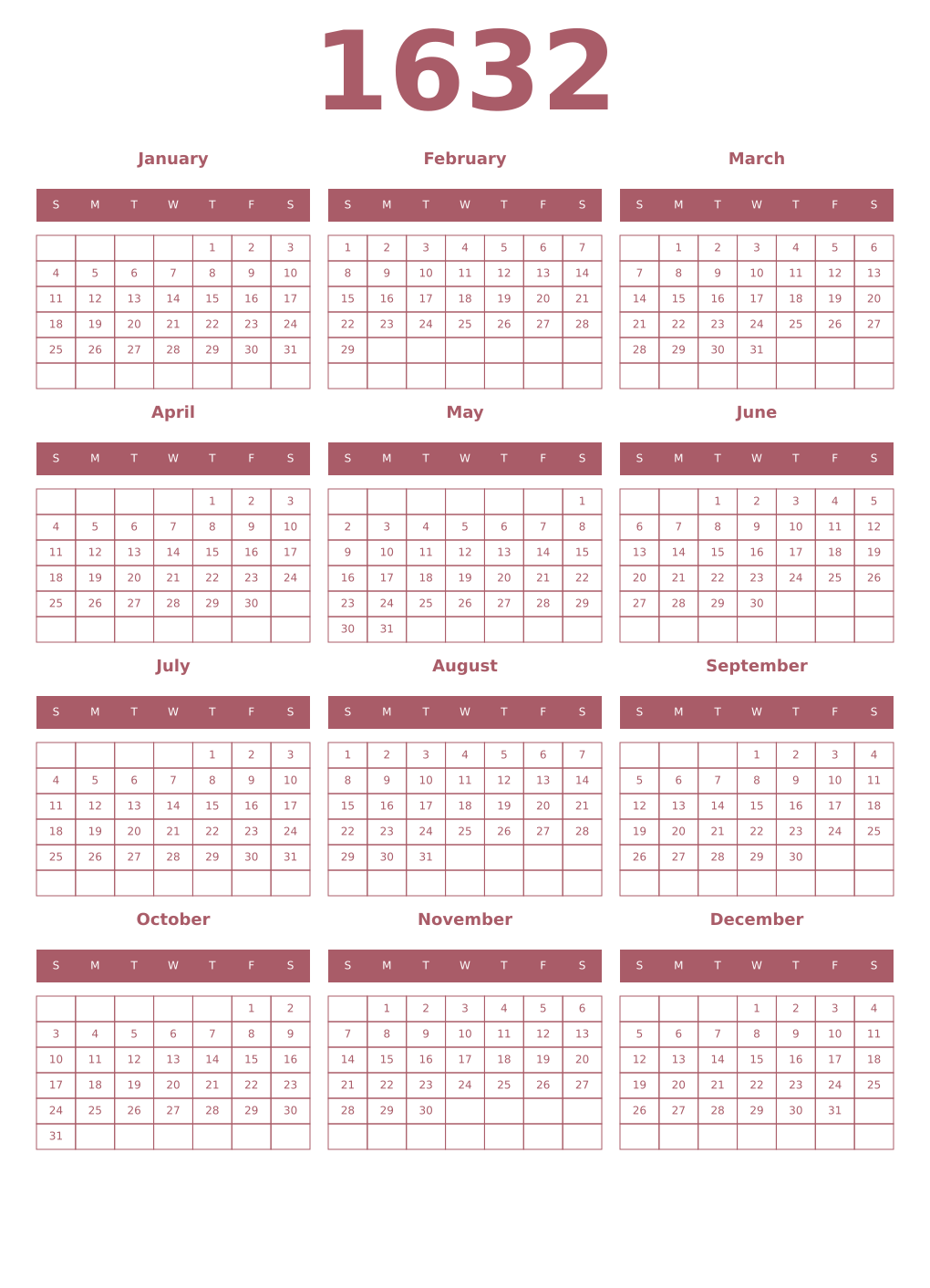 Printable 1632 Year Calendars puce