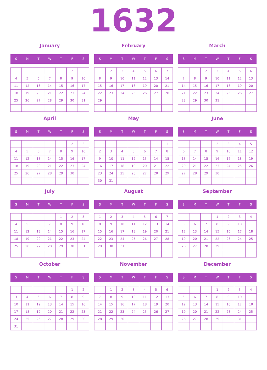 Printable 1632 Year Calendars purple