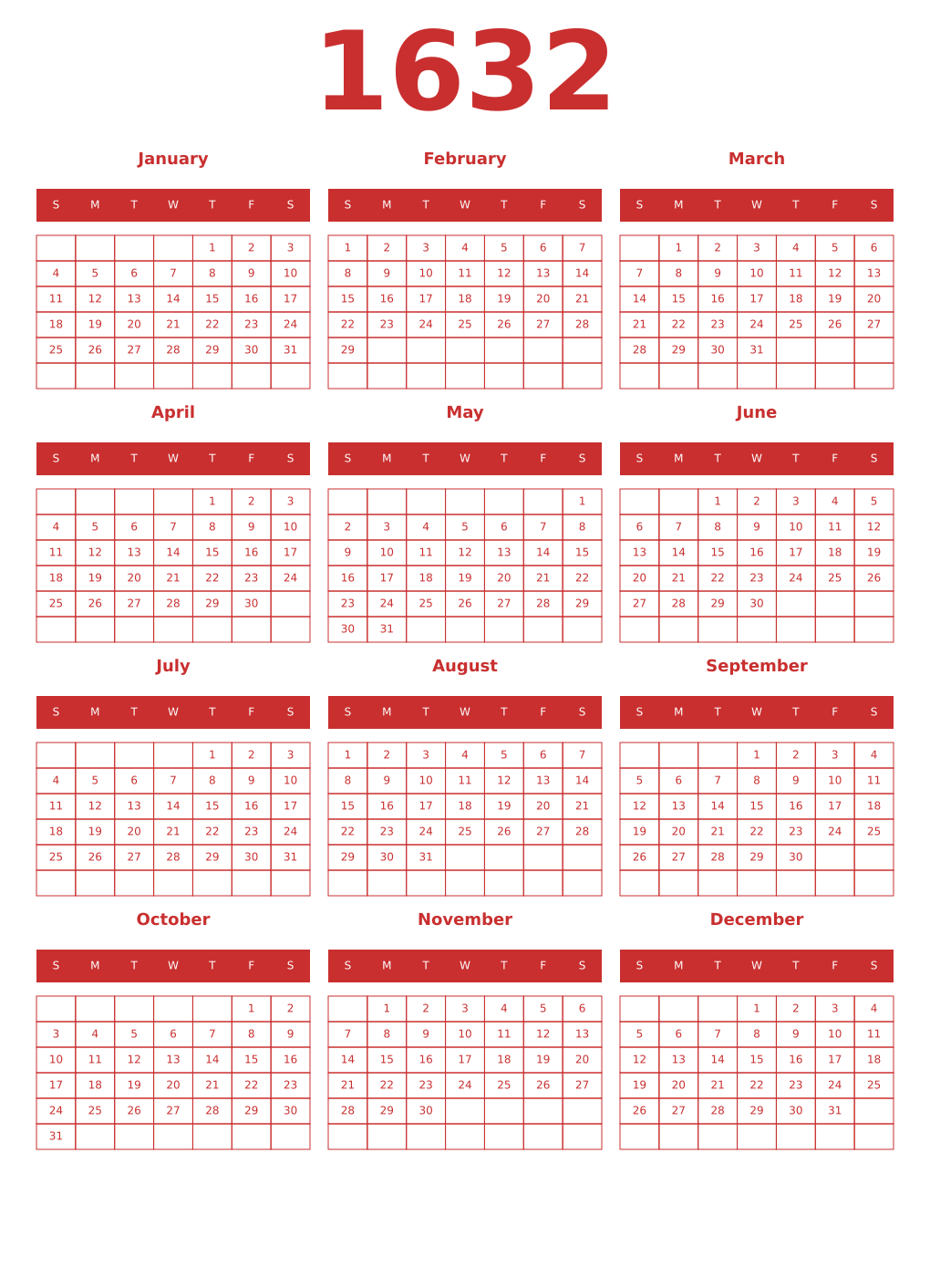 Printable 1632 Year Calendars red