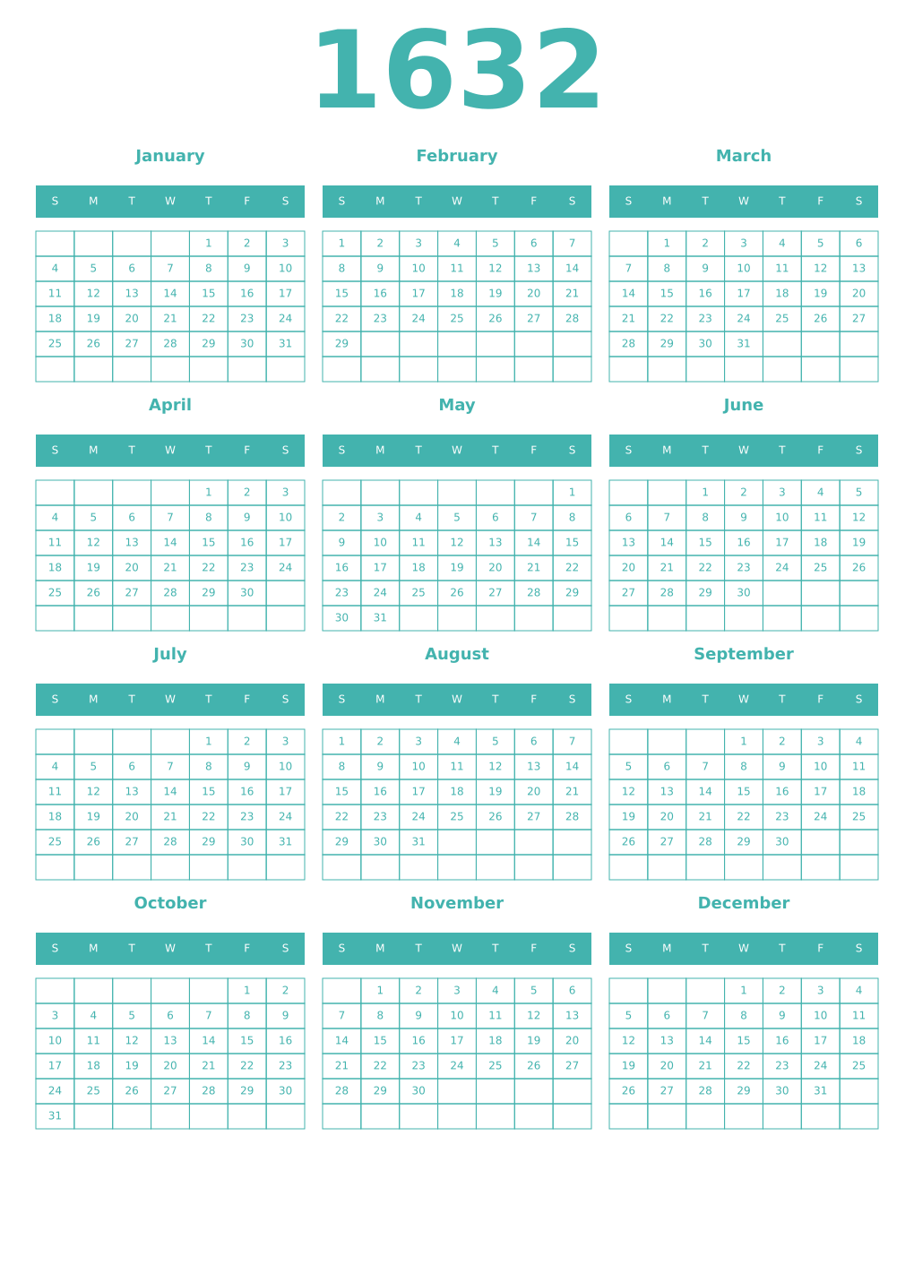 Printable 1632 Year Calendars verdigris