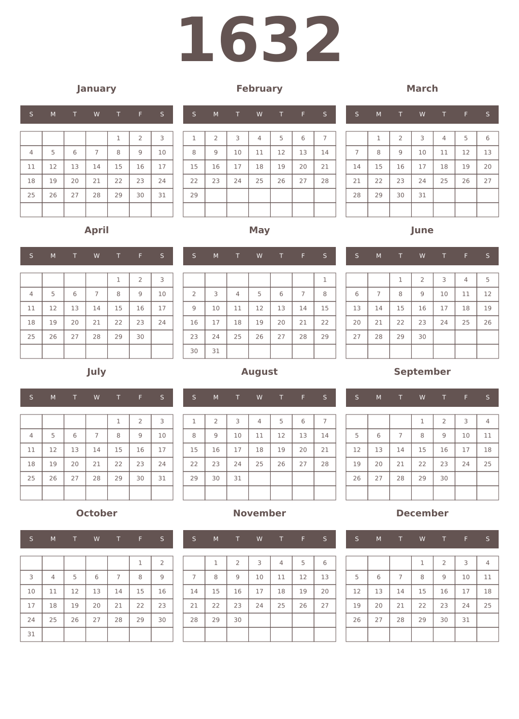 Printable 1632 Year Calendars wenge