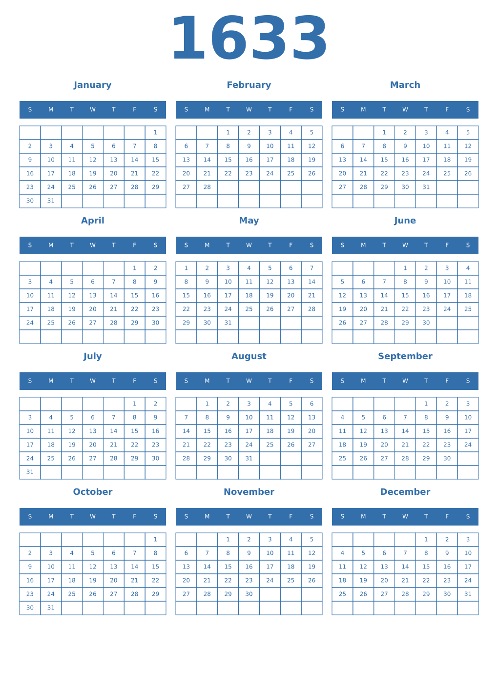 Printable 1633 Year Calendars blue