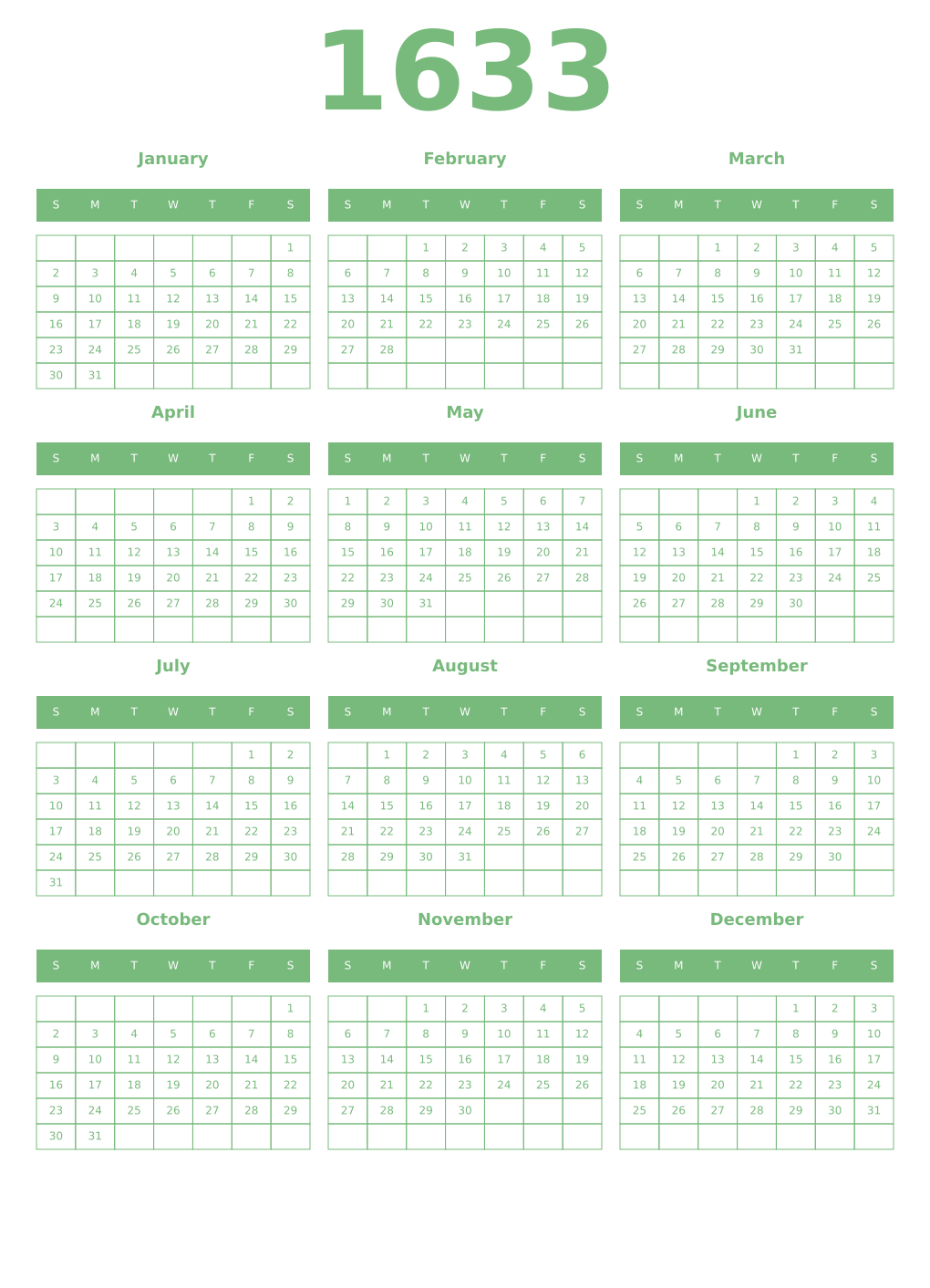 Printable 1633 Year Calendars celadon
