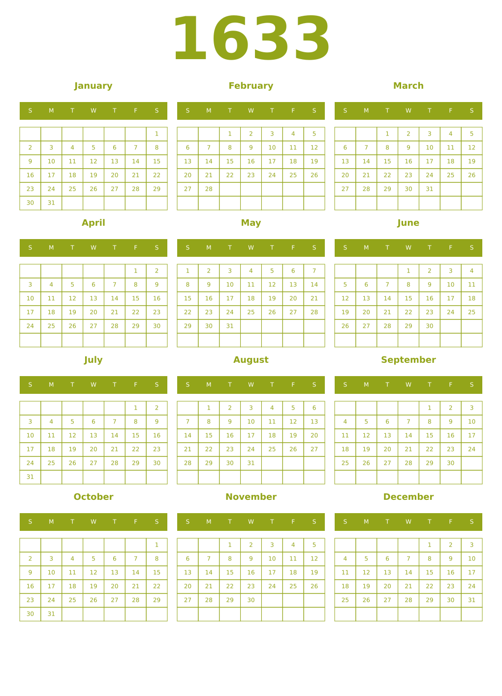Printable 1633 Year Calendars chartreuse