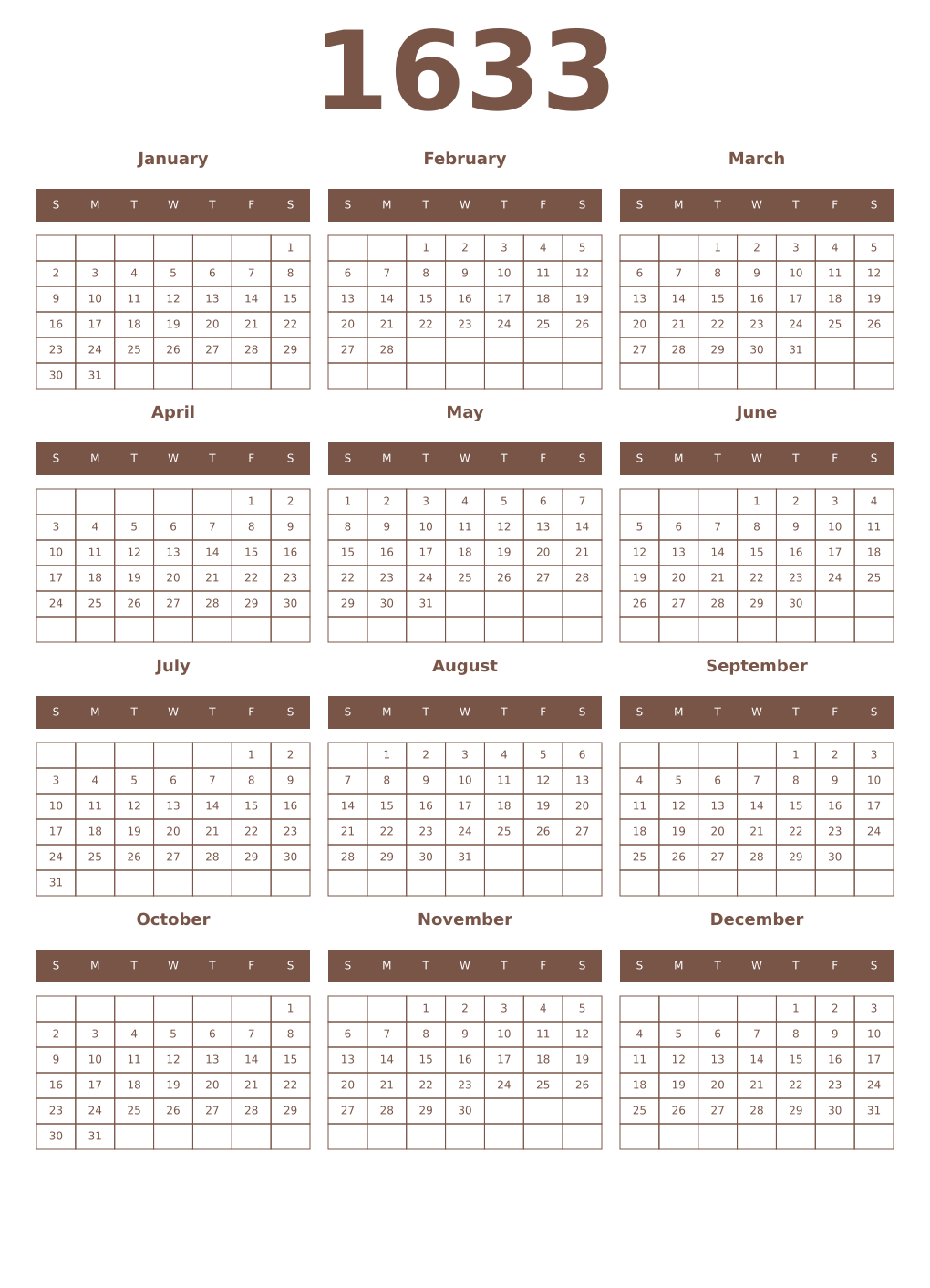 Printable 1633 Year Calendars coffe