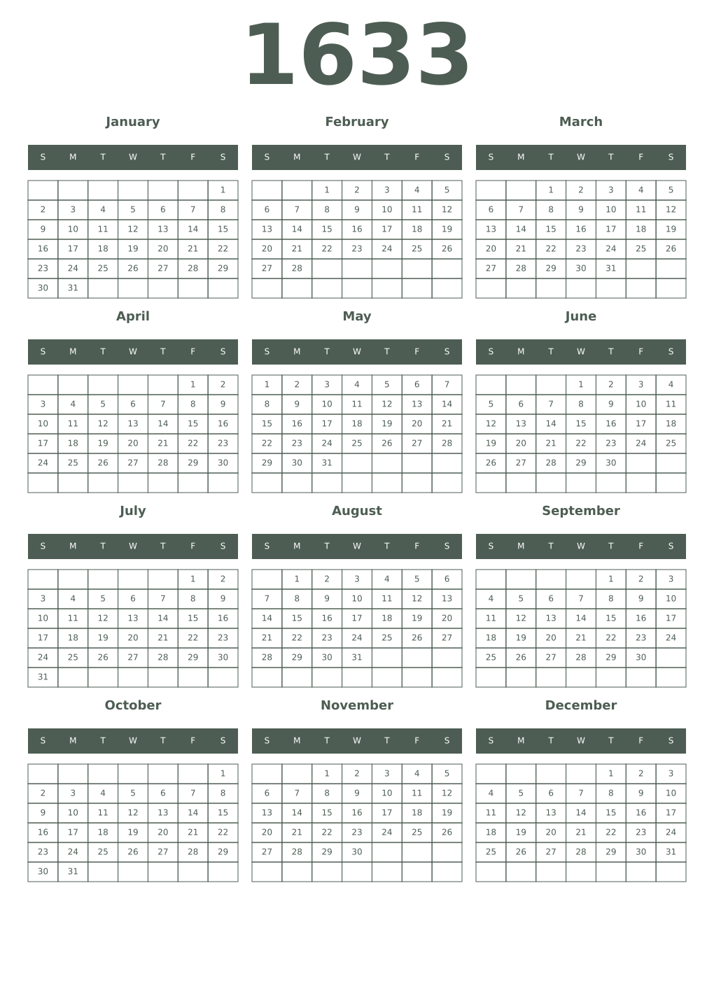 Printable 1633 Year Calendars feldgrau