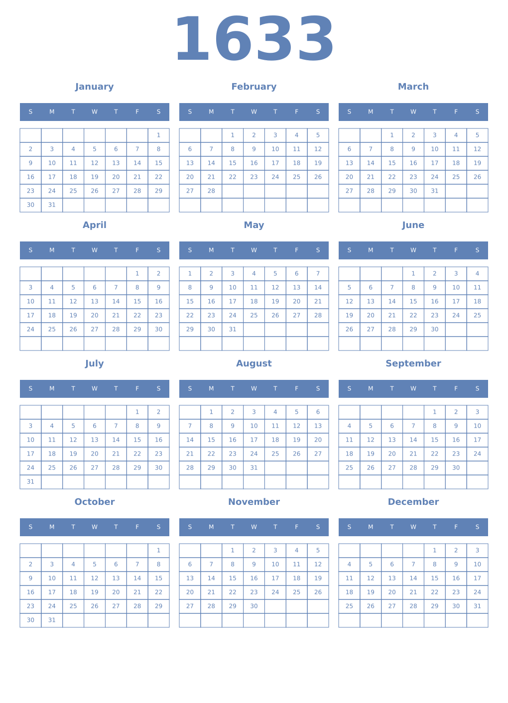 Printable 1633 Year Calendars glaucous
