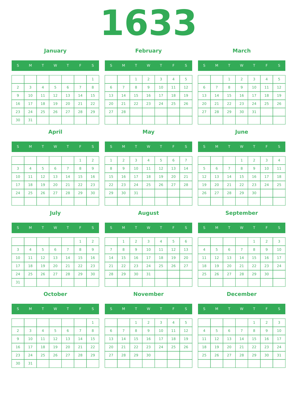 Printable 1633 Year Calendars green