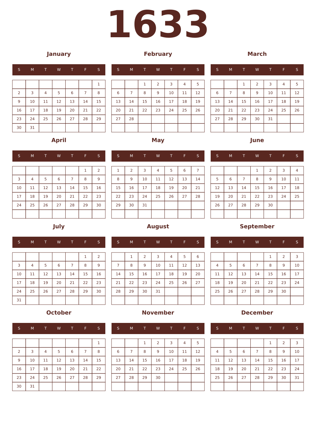 Printable 1633 Year Calendars mortuum