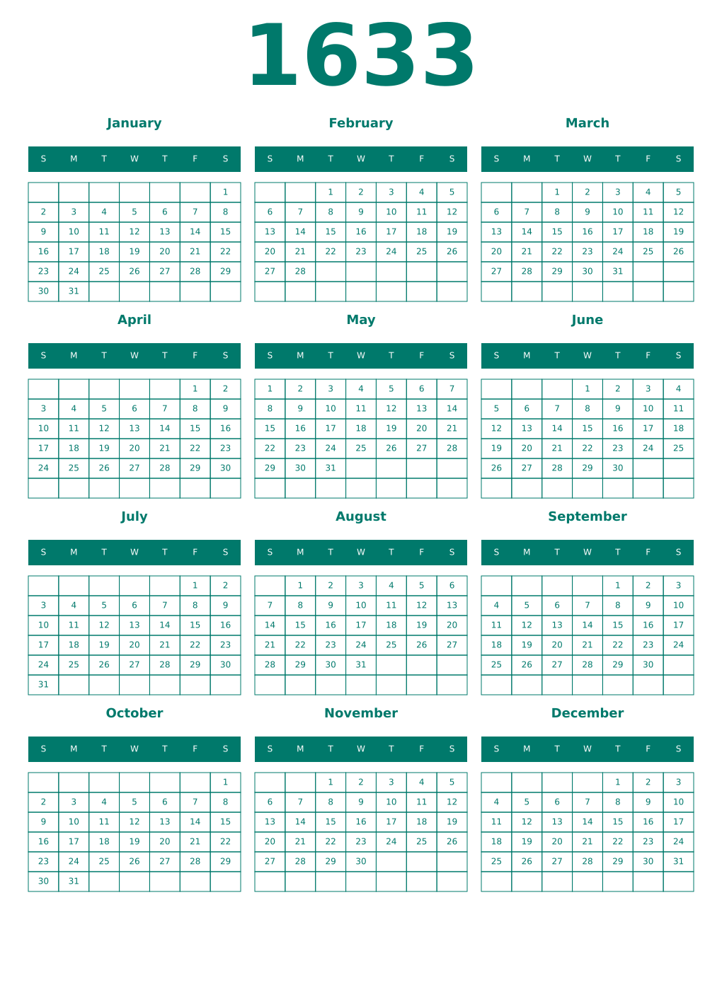 Printable 1633 Year Calendars pastel