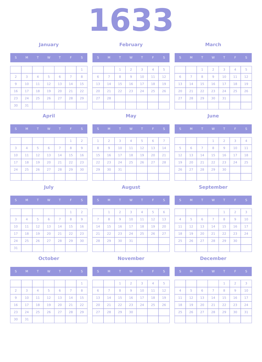 Printable 1633 Year Calendars periwinkle
