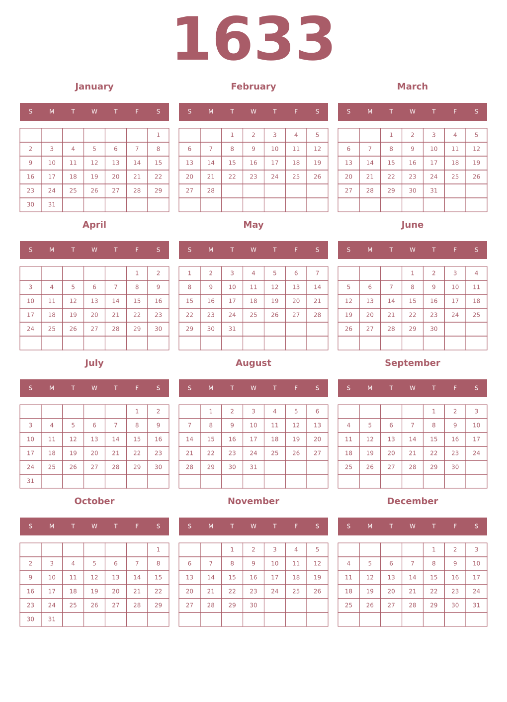 Printable 1633 Year Calendars puce