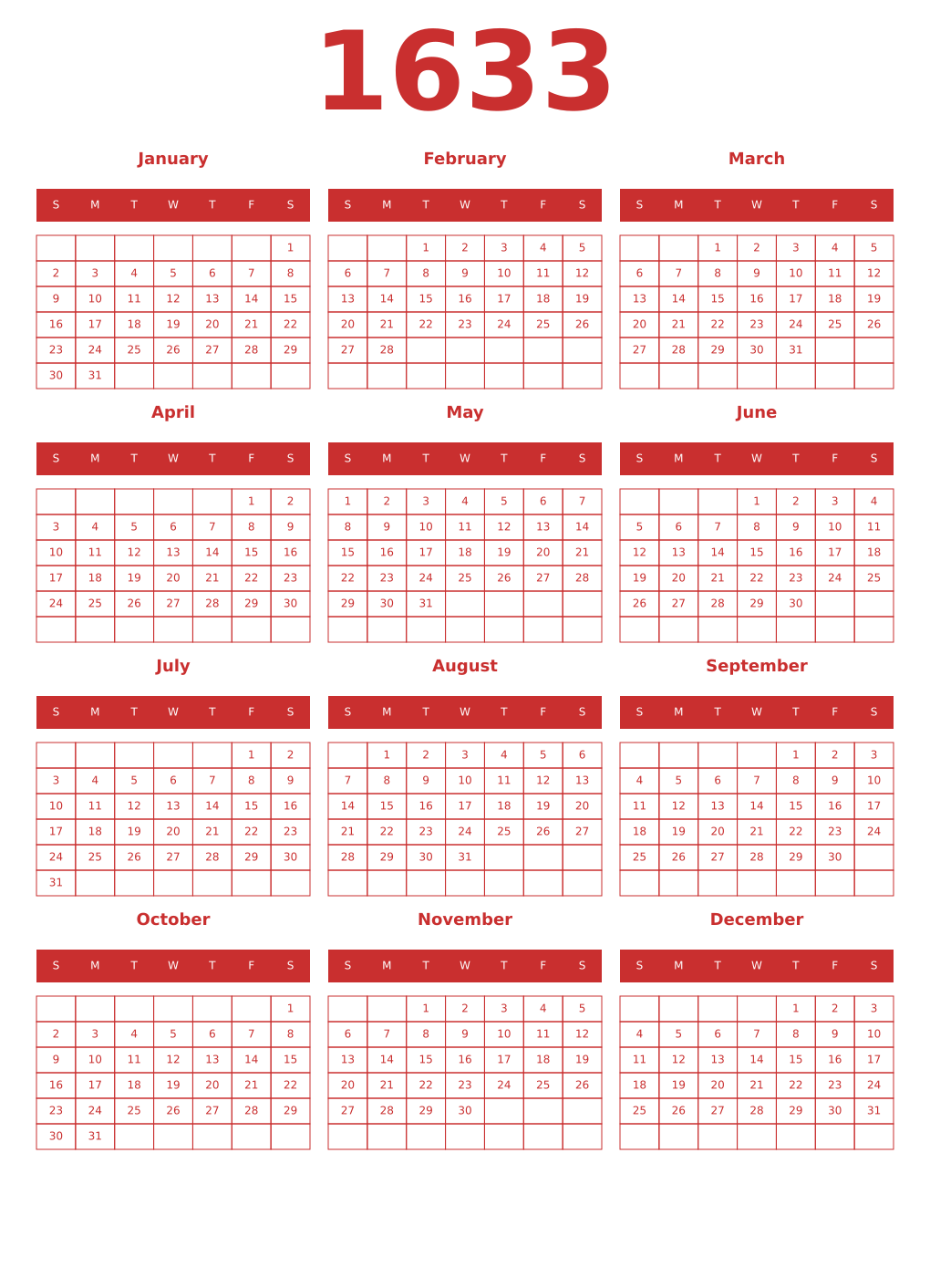 Printable 1633 Year Calendars red