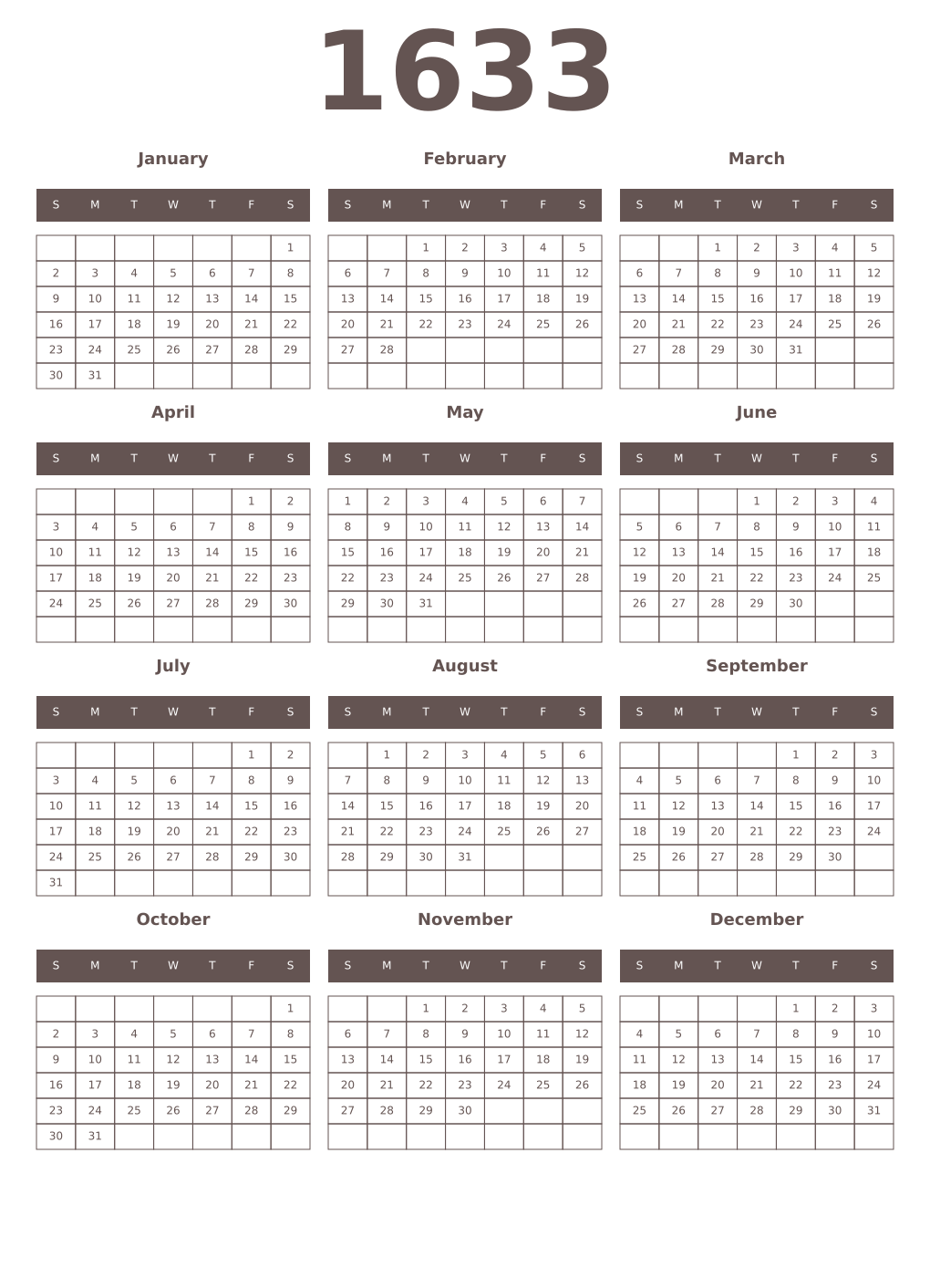 Printable 1633 Year Calendars wenge