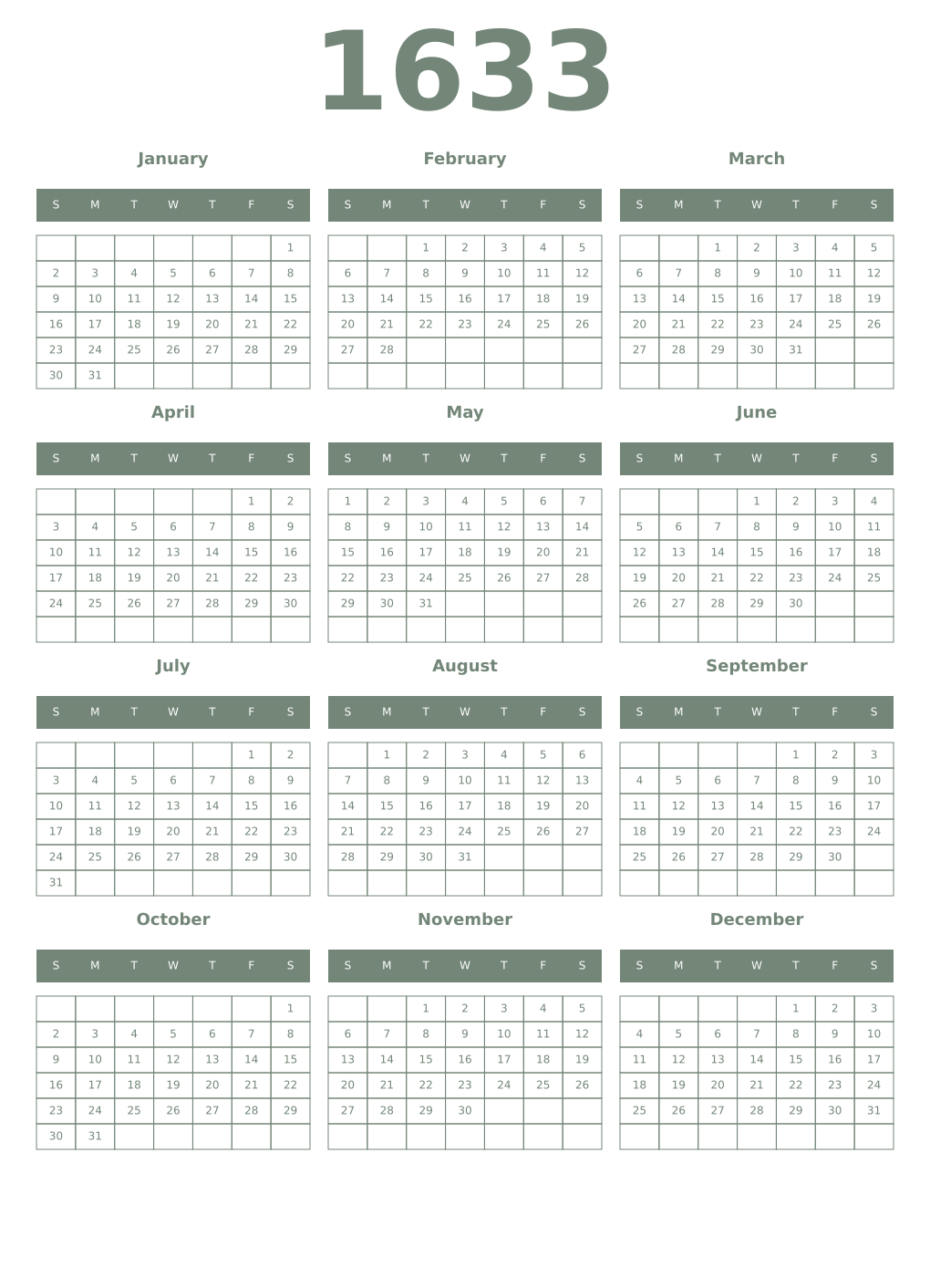 Printable 1633 Year Calendars xanadu