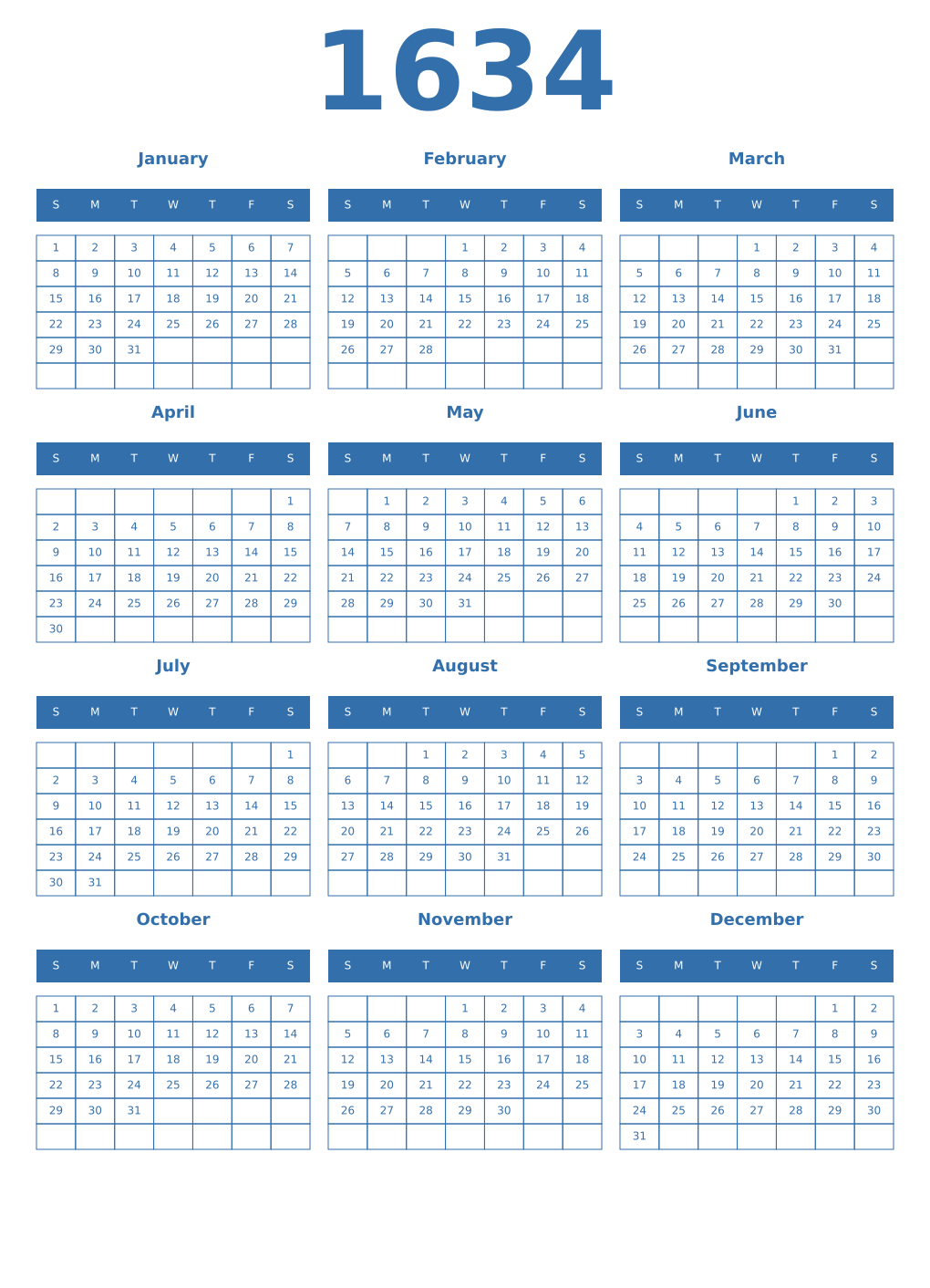 Printable 1634 Year Calendars blue