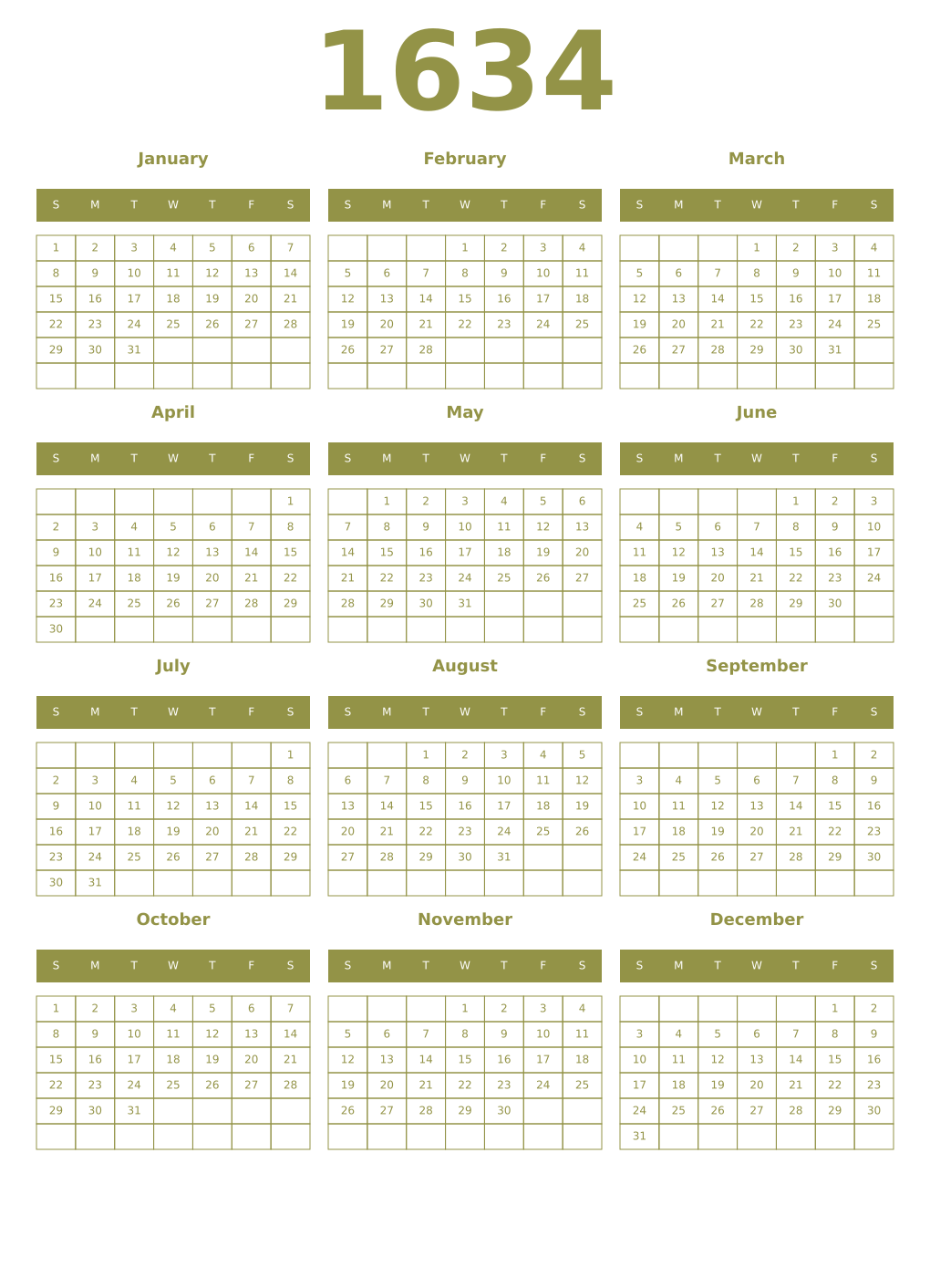 Printable 1634 Year Calendars eburnean