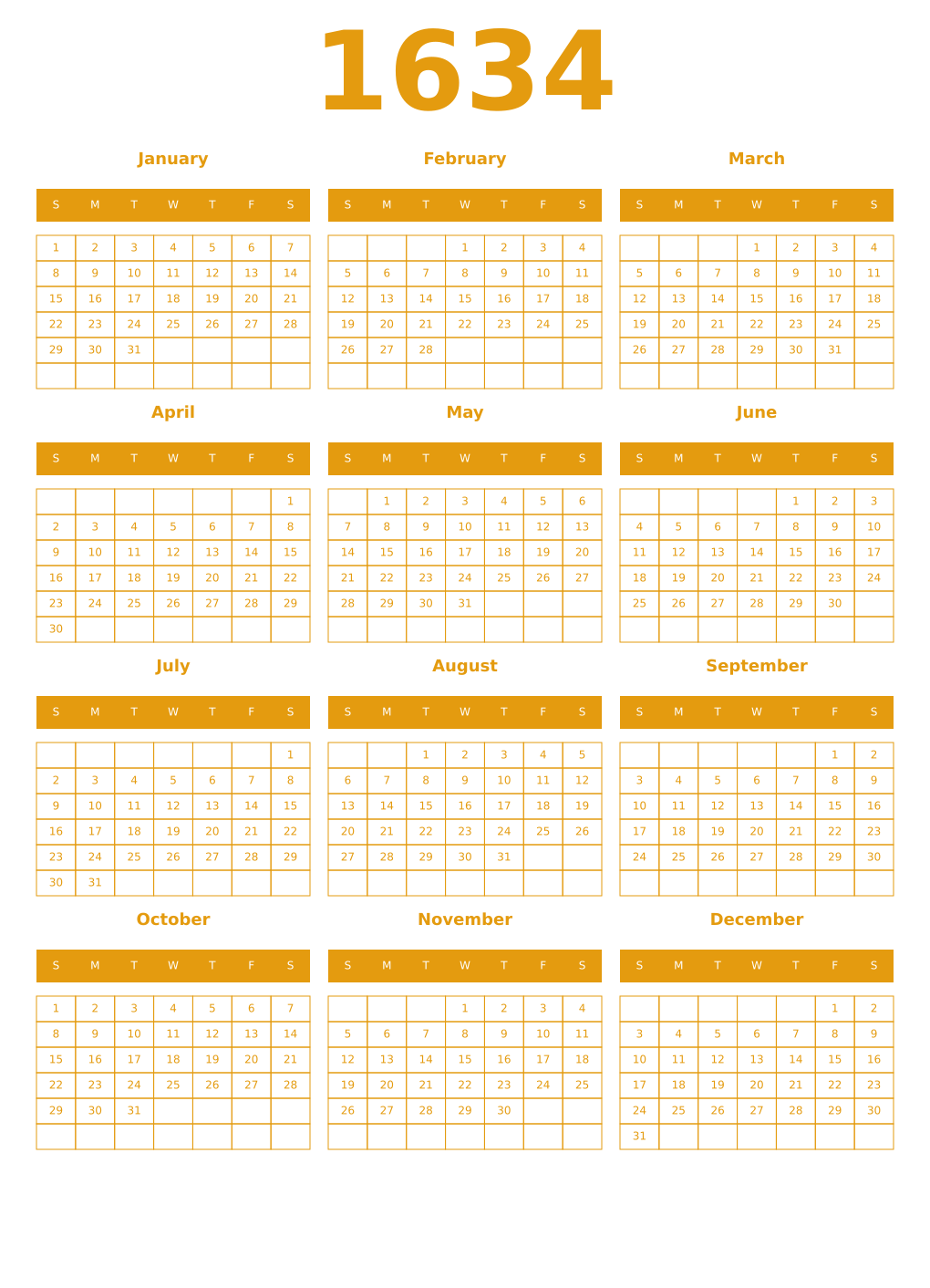 Printable 1634 Year Calendars gamboge