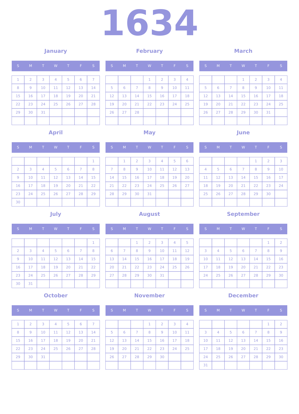 Printable 1634 Year Calendars periwinkle